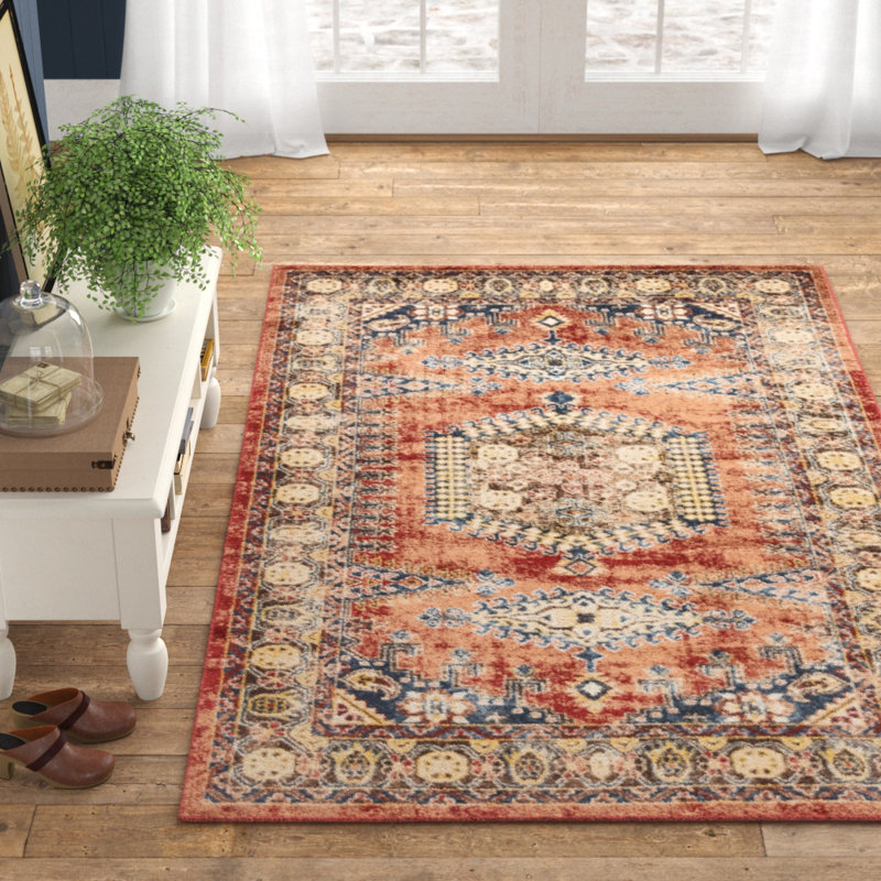 Astoria Grand Cedric Terracotta Oriental Red / Beige / Blue Area Rug